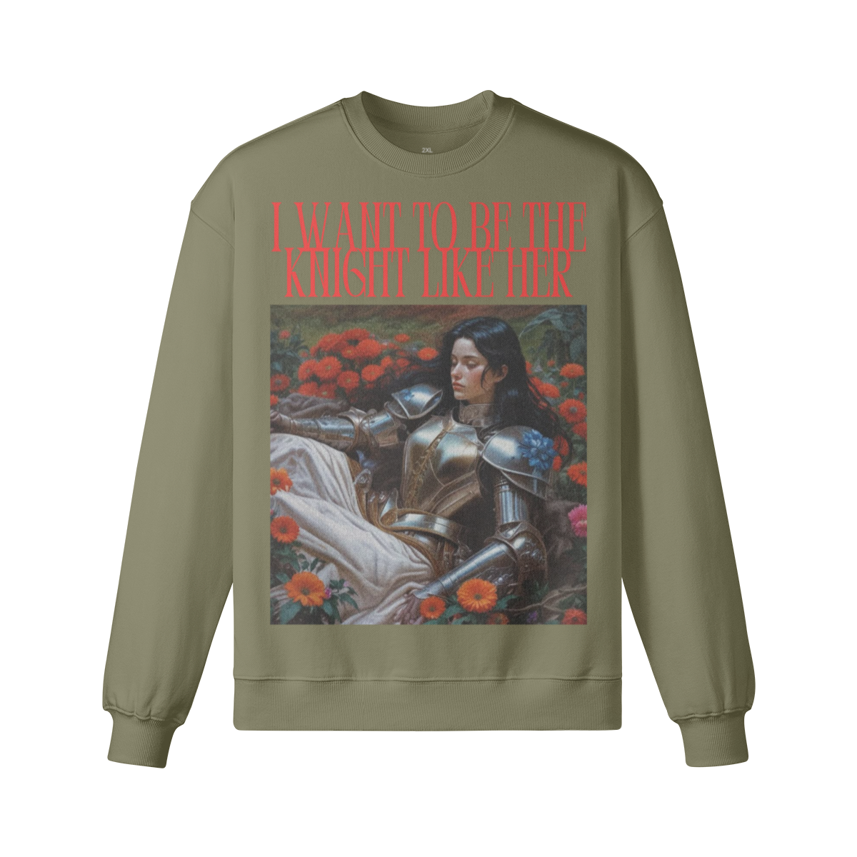 Sweatshirt with a graphic of a knight and text on a white background