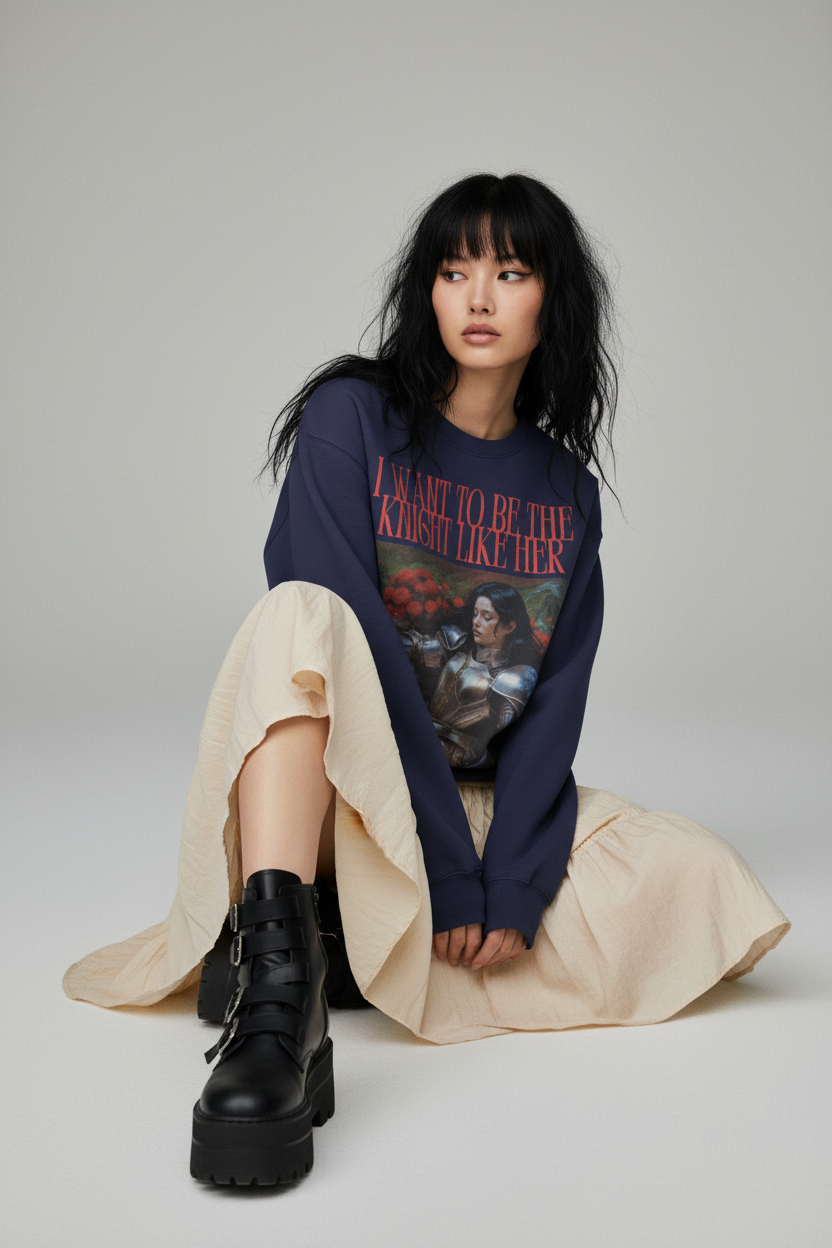 Woman wearing a navy sweatshirt with graphic design and text, sitting on a light gray background