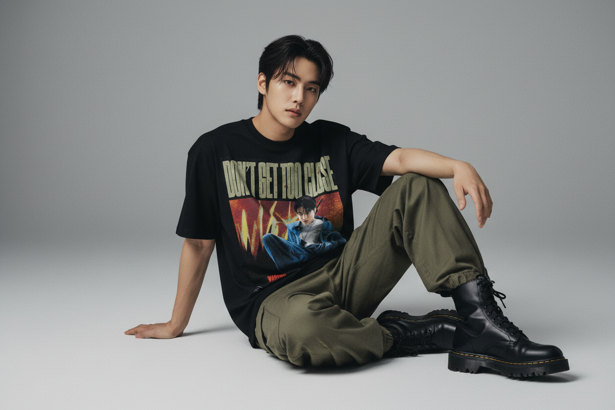 Black t-shirt with a graphic design featuring a person in a blue jacket and jeans, with text 'Don't Get Too Close' on a white background.