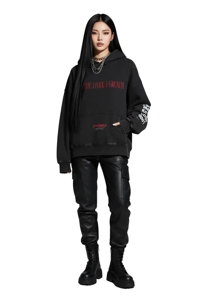 Black hoodie with red and white text on a white background