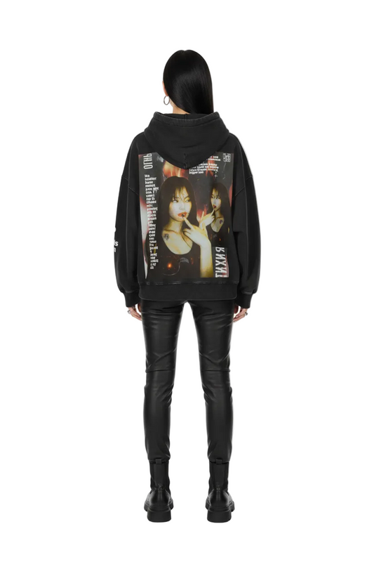 Black hoodie with graphic design on the back on a white background