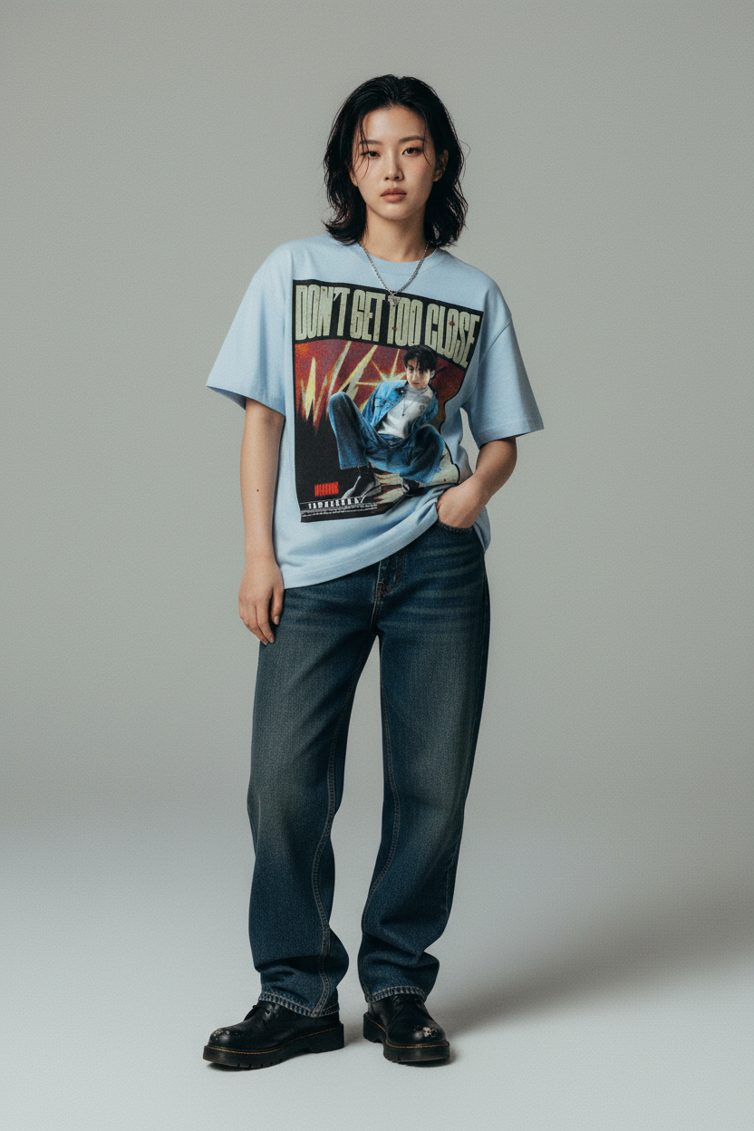 Light blue t-shirt with a graphic design featuring a person in a blue jacket and jeans, with text 'Don't Get Too Close' on a white background.