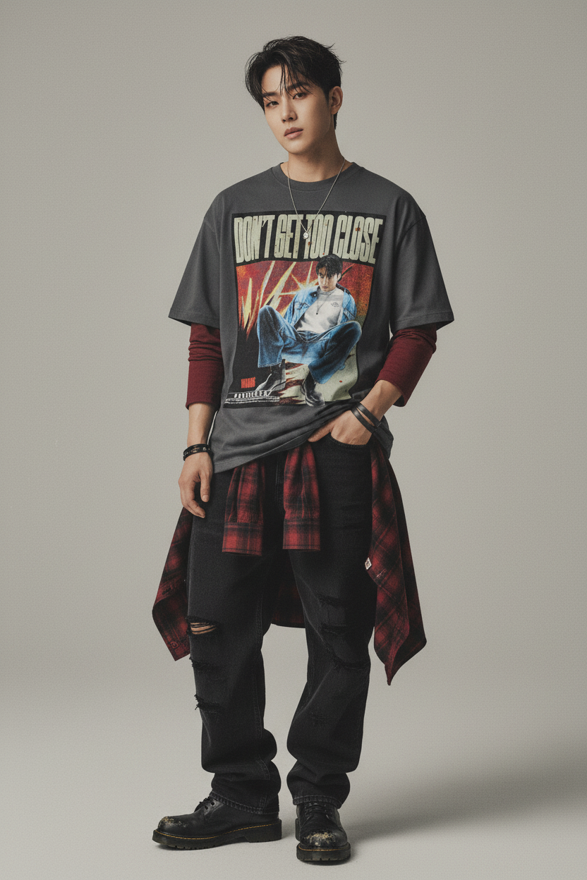 Gray t-shirt with a graphic design featuring a person in a blue jacket and jeans, with text 'Don't Get Too Close' on a white background.