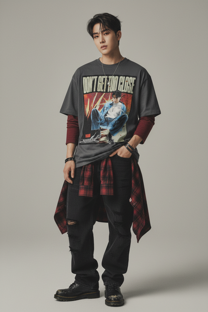 Gray t-shirt with a graphic design featuring a person in a blue jacket and jeans, with text 'Don't Get Too Close' on a white background.