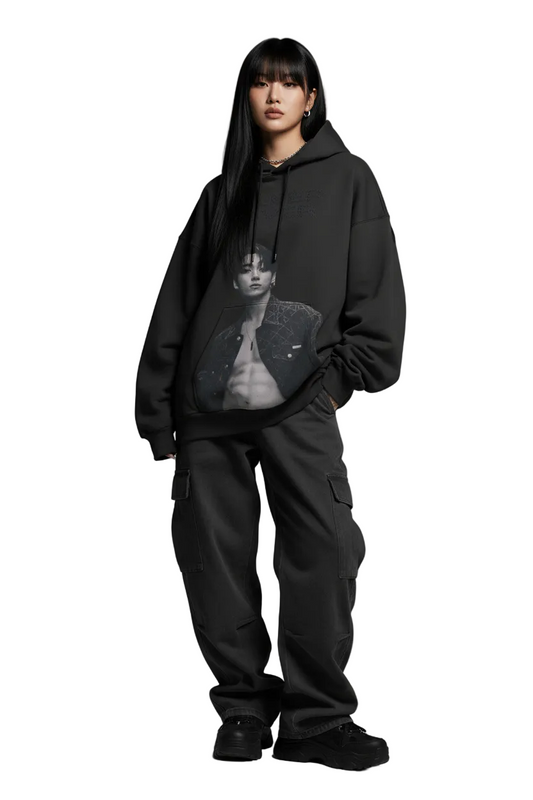 Black hoodie with graphic design and text on a white background