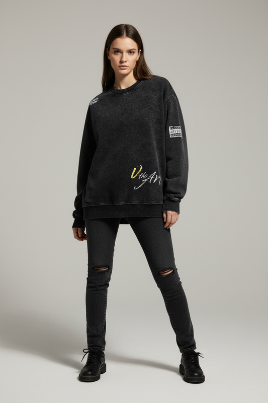 Black sweatshirt with text and logos on a white background