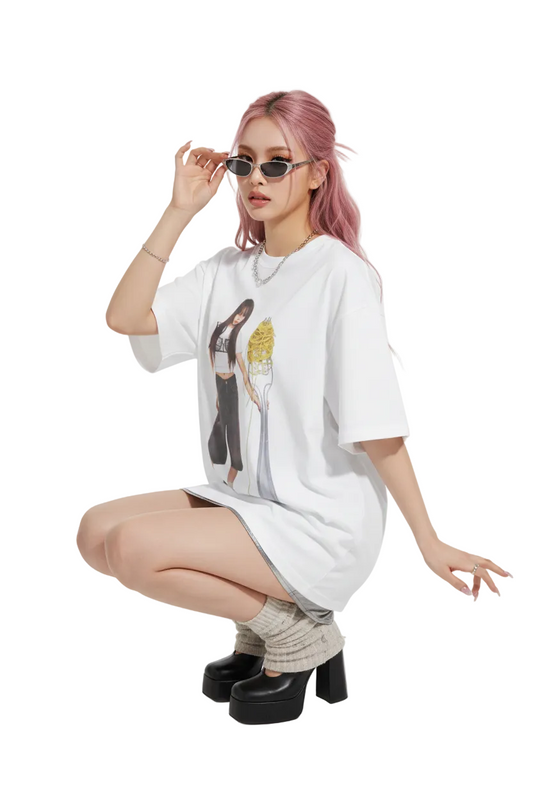 White t-shirt with a graphic of a person holding a fork and noodles on a white background