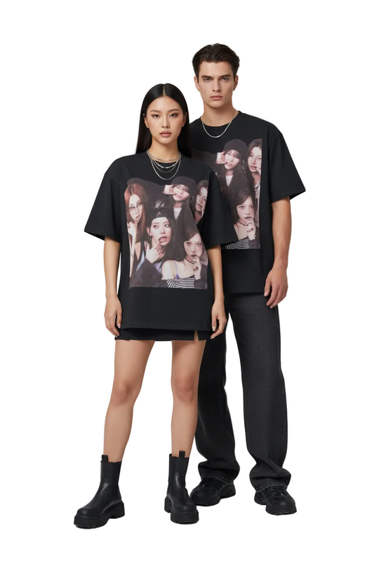 Black t-shirt with a graphic of five people on a white background