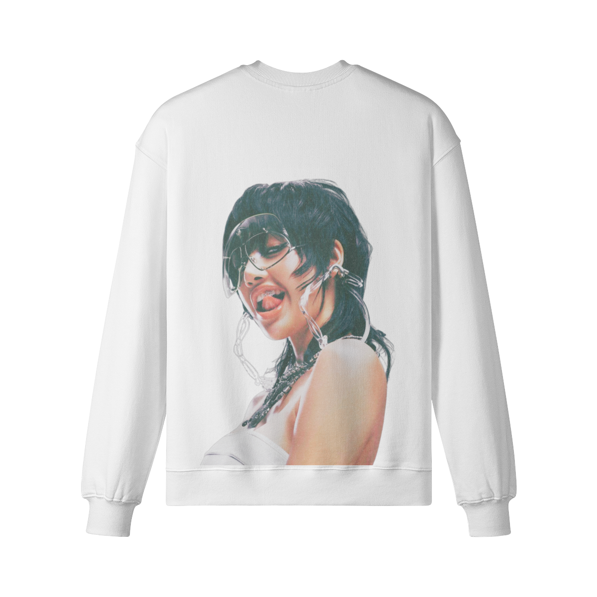 White sweatshirt with a graphic of a person with wet hair on a white background