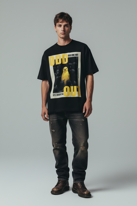 Black t-shirt with a yellow bird graphic and 'ODD ONE OUT' text on a white background