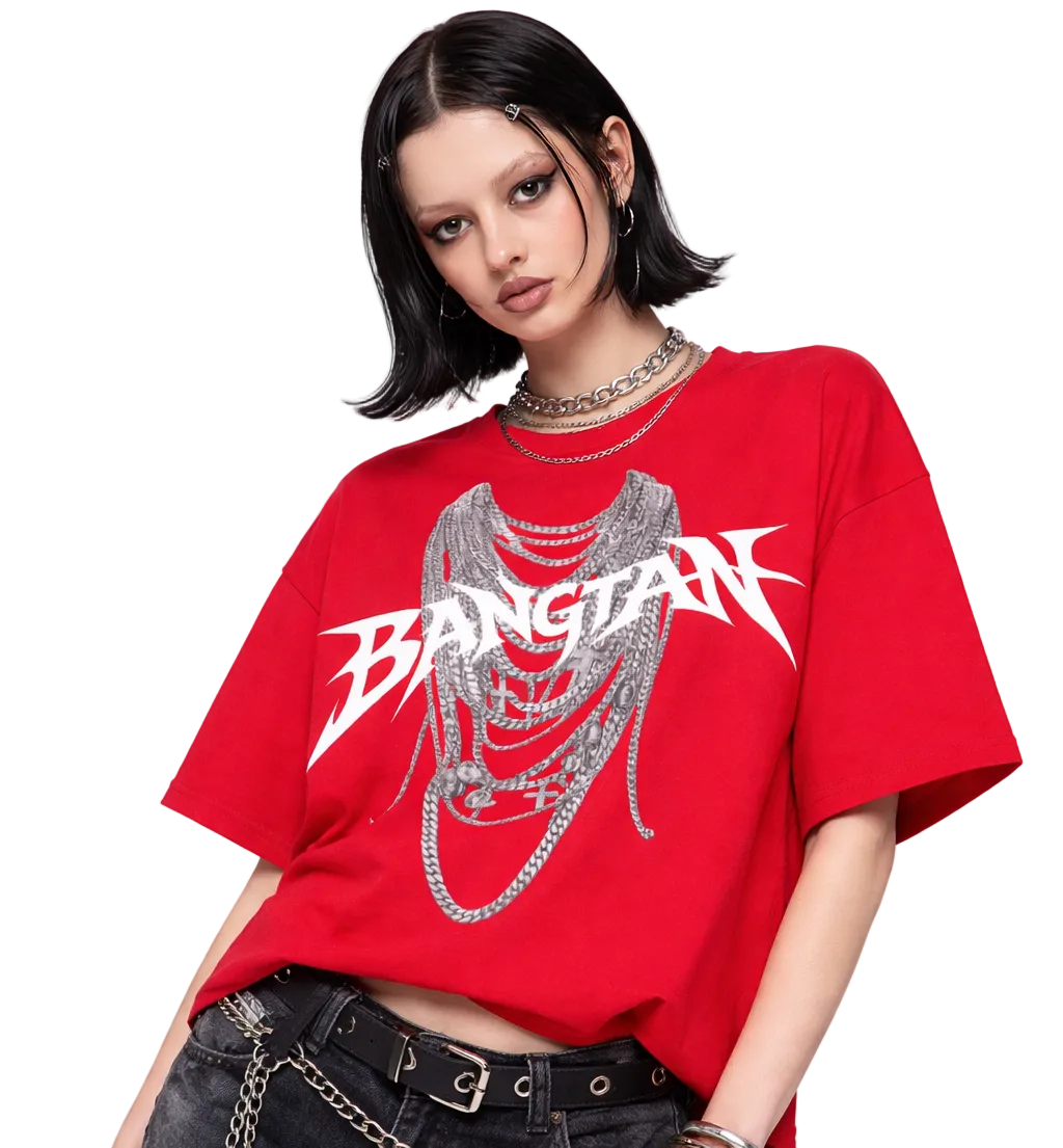 Person wearing a red 'BANGTAN' t-shirt with graphic design on a white background
