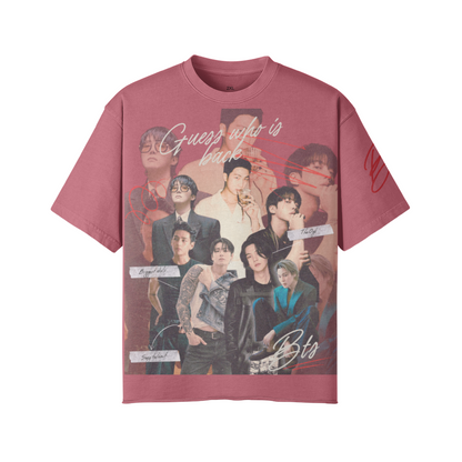 Pink t-shirt with BTS graphic design on a white background