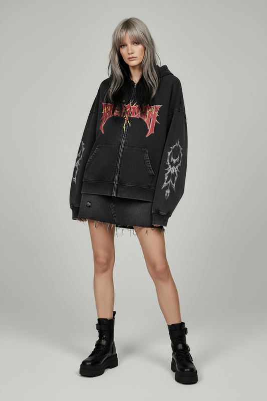 Black hoodie with red and yellow graphic design on a white background