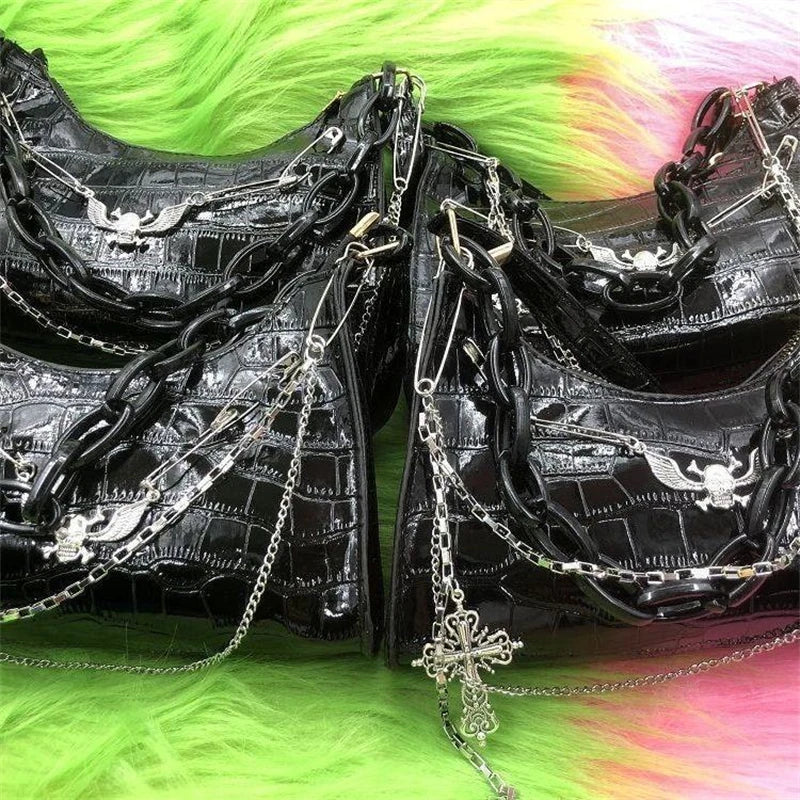 Crocodile Pattern Handbag Y2k Cross Skull Shoulder Bag