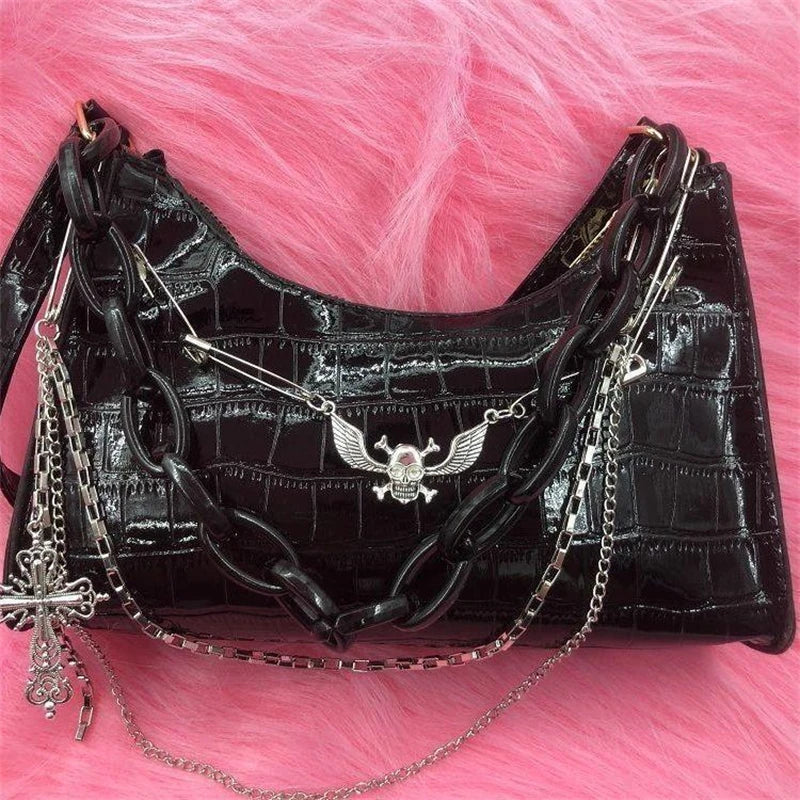Crocodile Pattern Handbag Y2k Cross Skull Shoulder Bag