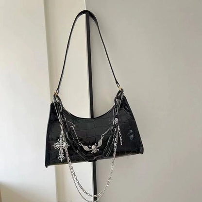 Crocodile Pattern Handbag Y2k Cross Skull Shoulder Bag