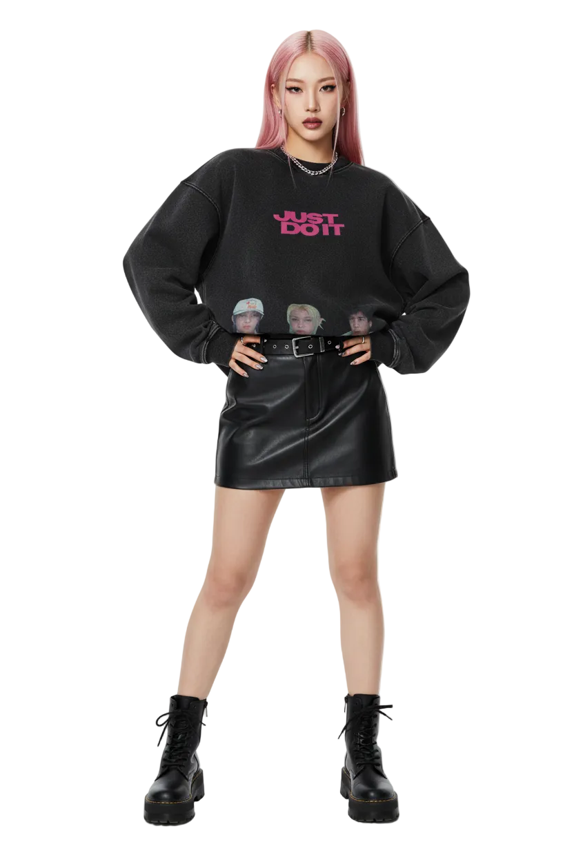 Black sweatshirt with 'Just Do It' text and images of three people on a white background