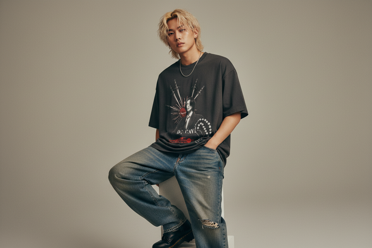 Black t-shirt with graphic design and text on a white background