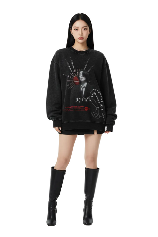 Black sweatshirt with graphic design on a white background