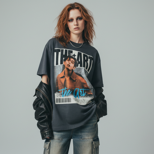 Gray t-shirt with a magazine cover design featuring a person in an orange jacket on a white background