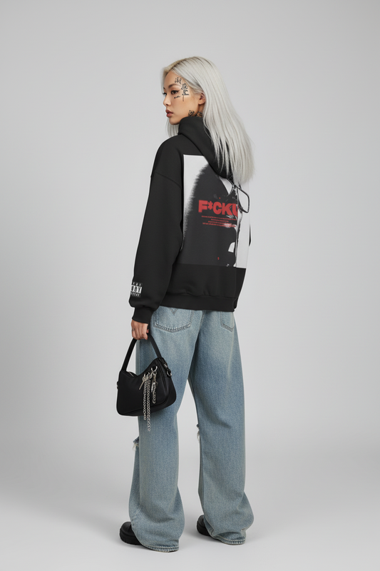 Black hoodie with graphic design on the back featuring a stylized face and text.