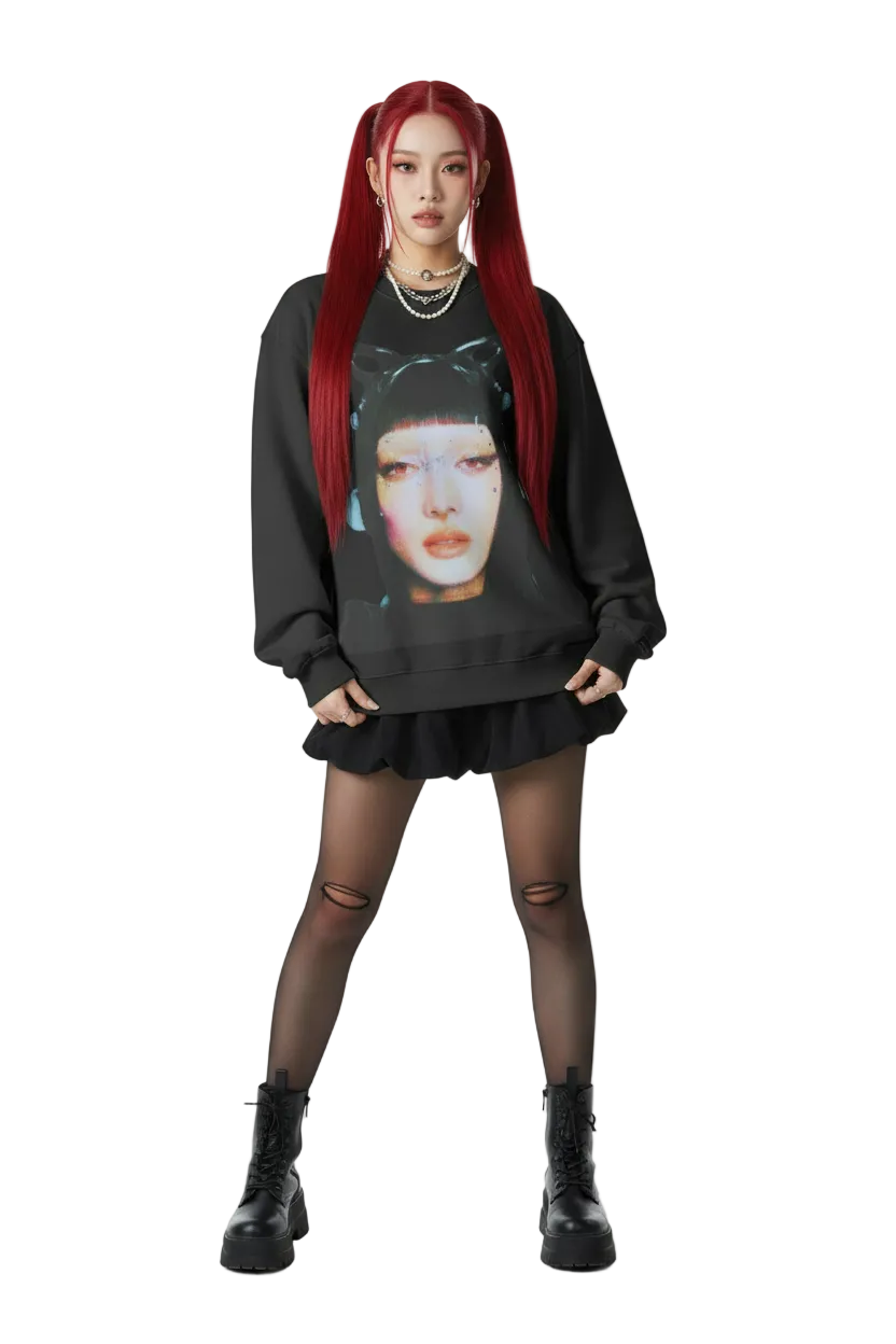 Black sweatshirt with a graphic design of a person wearing cat ears and colorful makeup on a white background