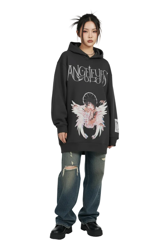 Black hoodie with angel graphic and 'ANGELEYES' text on a white background