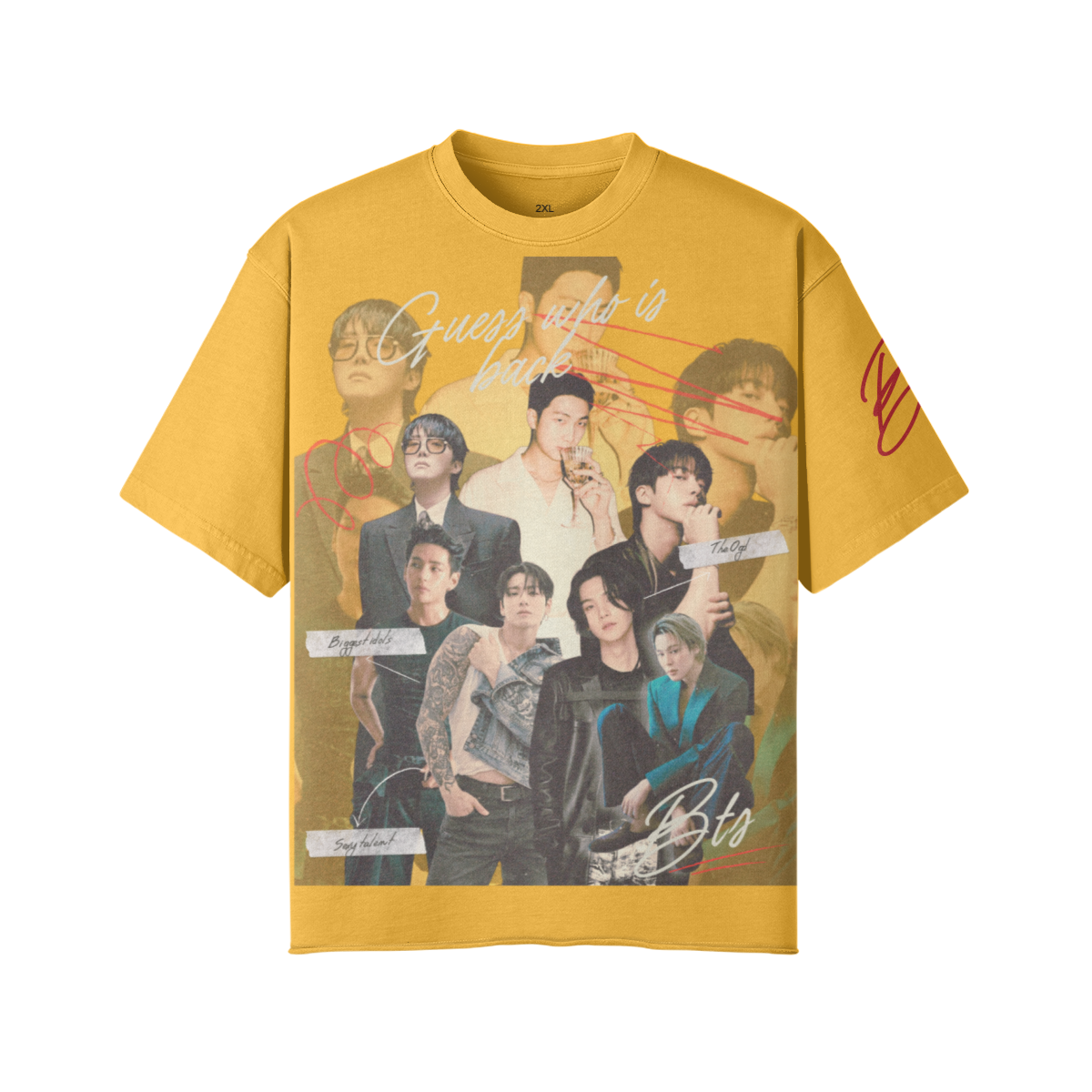 Yellow t-shirt with graphic design of a group of people on a white background