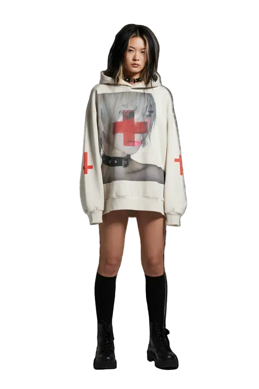 Beige hoodie with graphic design on a white background