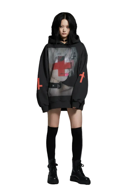 Black hoodie with graphic design on a white background