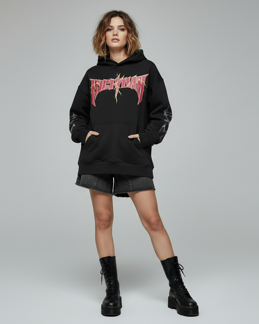 Black hoodie with a red and yellow graphic design on a white background