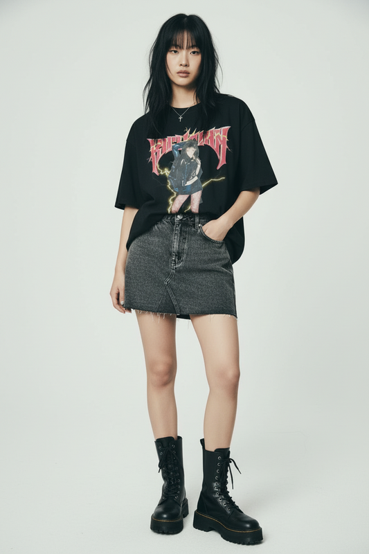 Black t-shirt with graphic design of a person and text on a white background