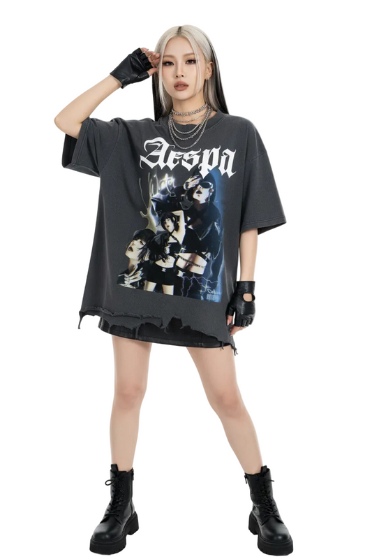 Black t-shirt with graphic design and 'Aespa' text on a white background