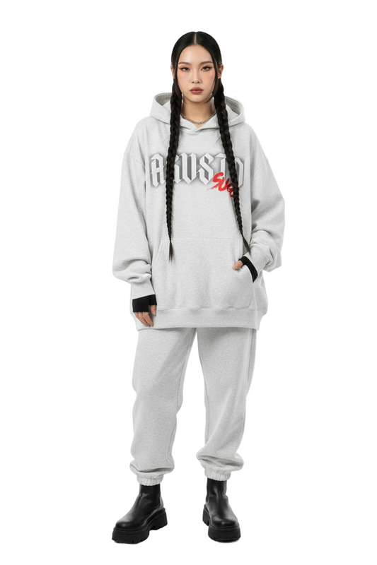 Gray hoodie with 'Augusta' text on a white background