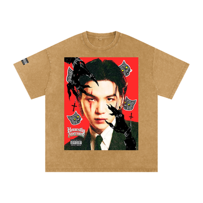 Beige t-shirt with a graphic design of a person with black hair and red background on a beige background