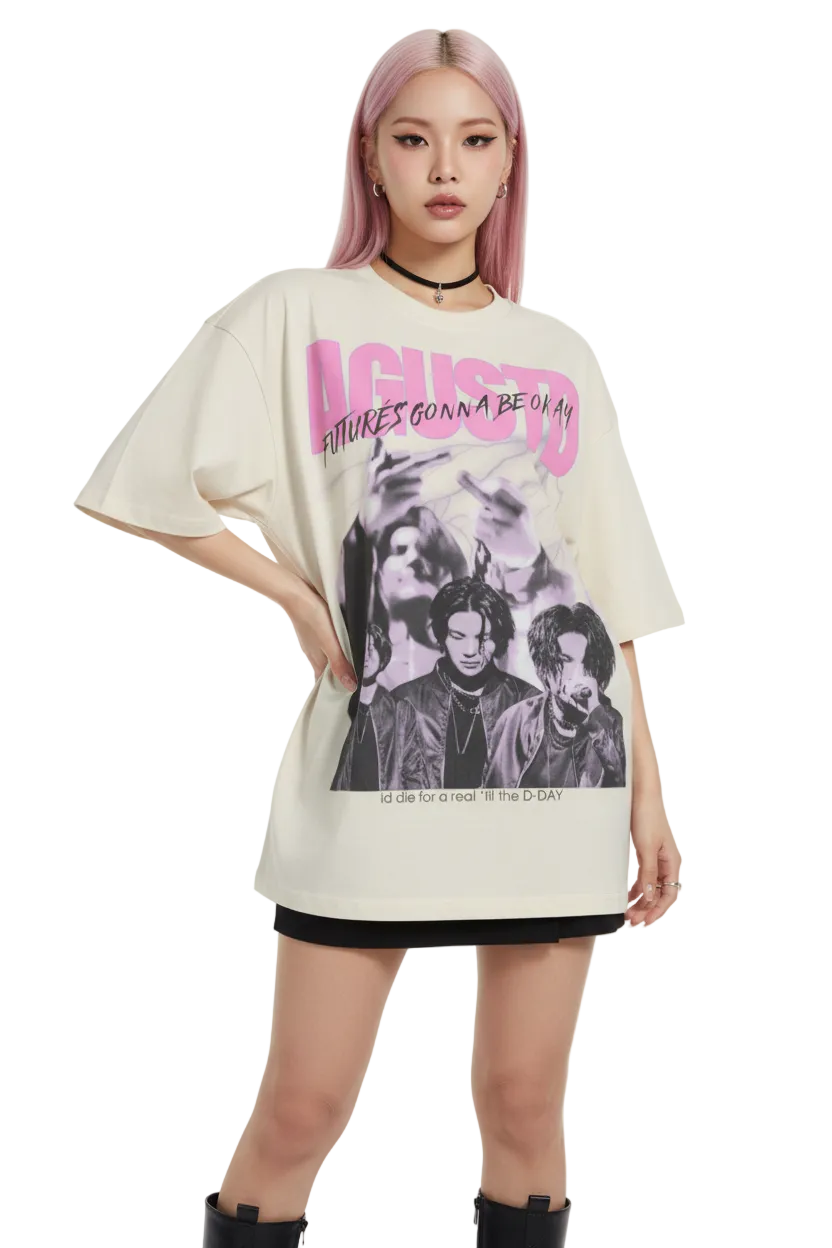 Beige t-shirt with graphic design and text on a white background