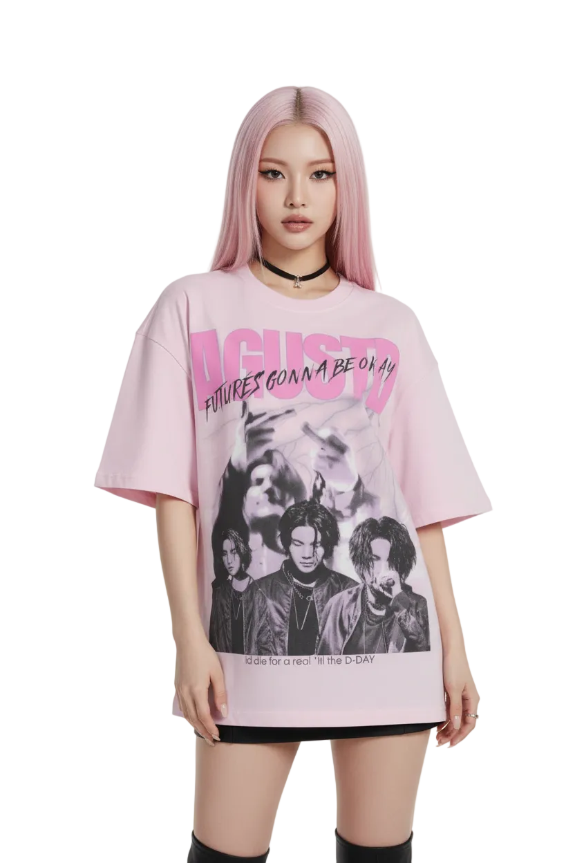 Pink t-shirt with graphic design and text on a white background