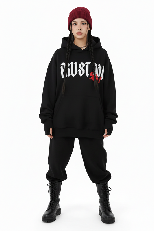 Black hoodie with 'AGUSTD' text on a white background