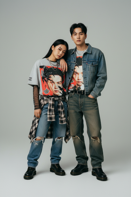 Gray t-shirt with a graphic design featuring a person's face and text on a red background.