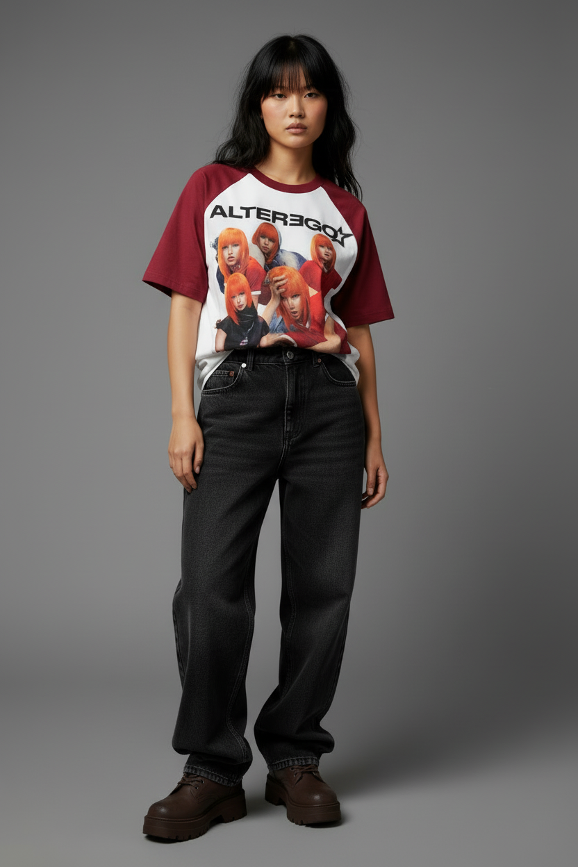 T-shirt with 'AlterEgo' design featuring four people with red hair on a white background.