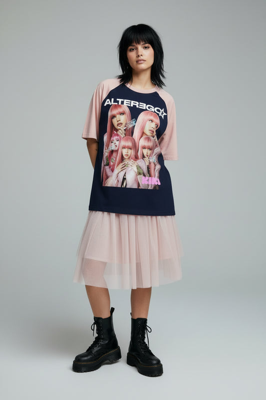 T-shirt with graphic design of a character and 'AlterEgo' branding on a white background