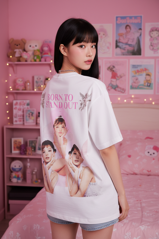 White t-shirt with graphic design and text 'Born to Stand Out' on a white background