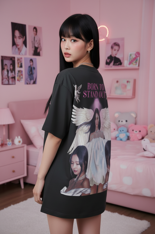 Black t-shirt with an angel graphic and 'Born to Stand Out' text on a white background