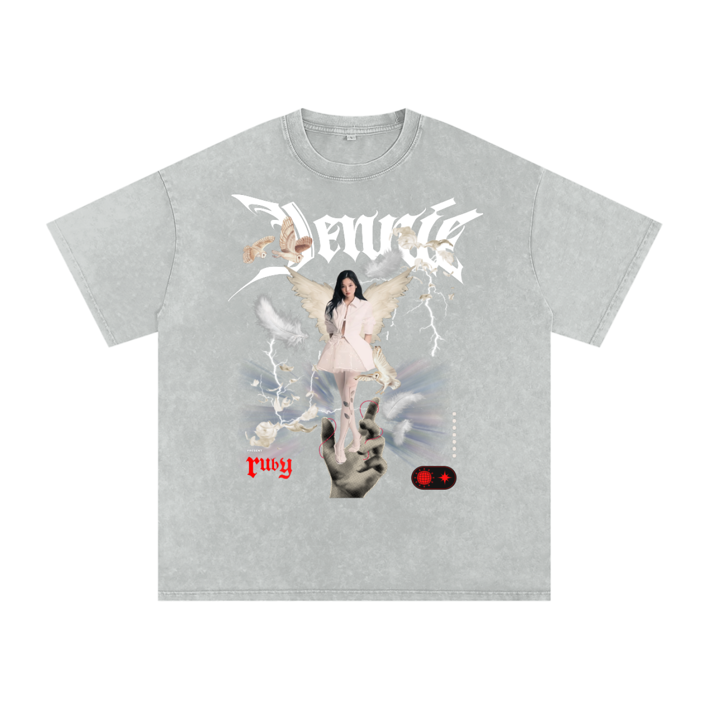 Gray t-shirt with graphic design featuring a person in a dress and text on a white background