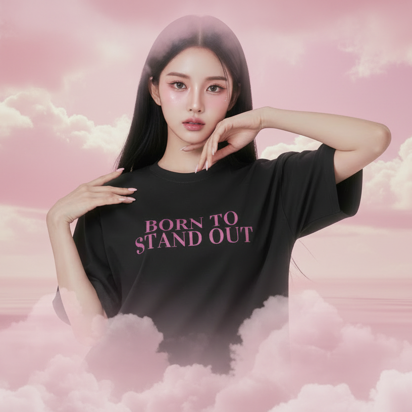 Black t-shirt with 'BORN TO STAND OUT' text in pink on a white background