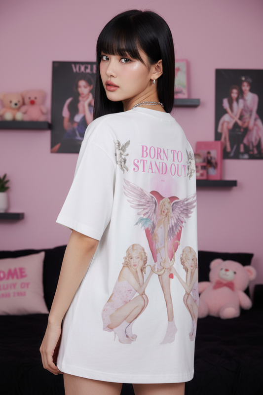 White t-shirt with graphic design and text 'Born to Stand Out' on a white background