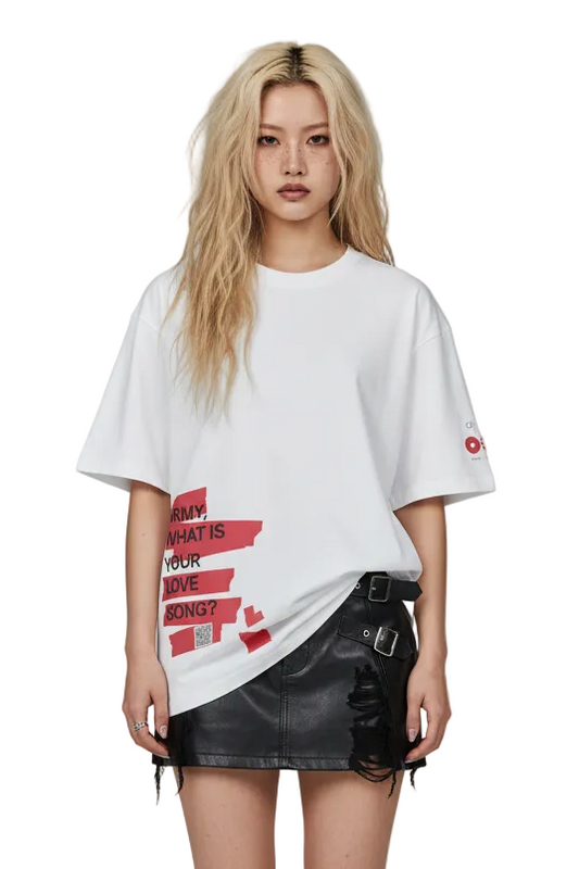 White t-shirt with red text and design on a white background