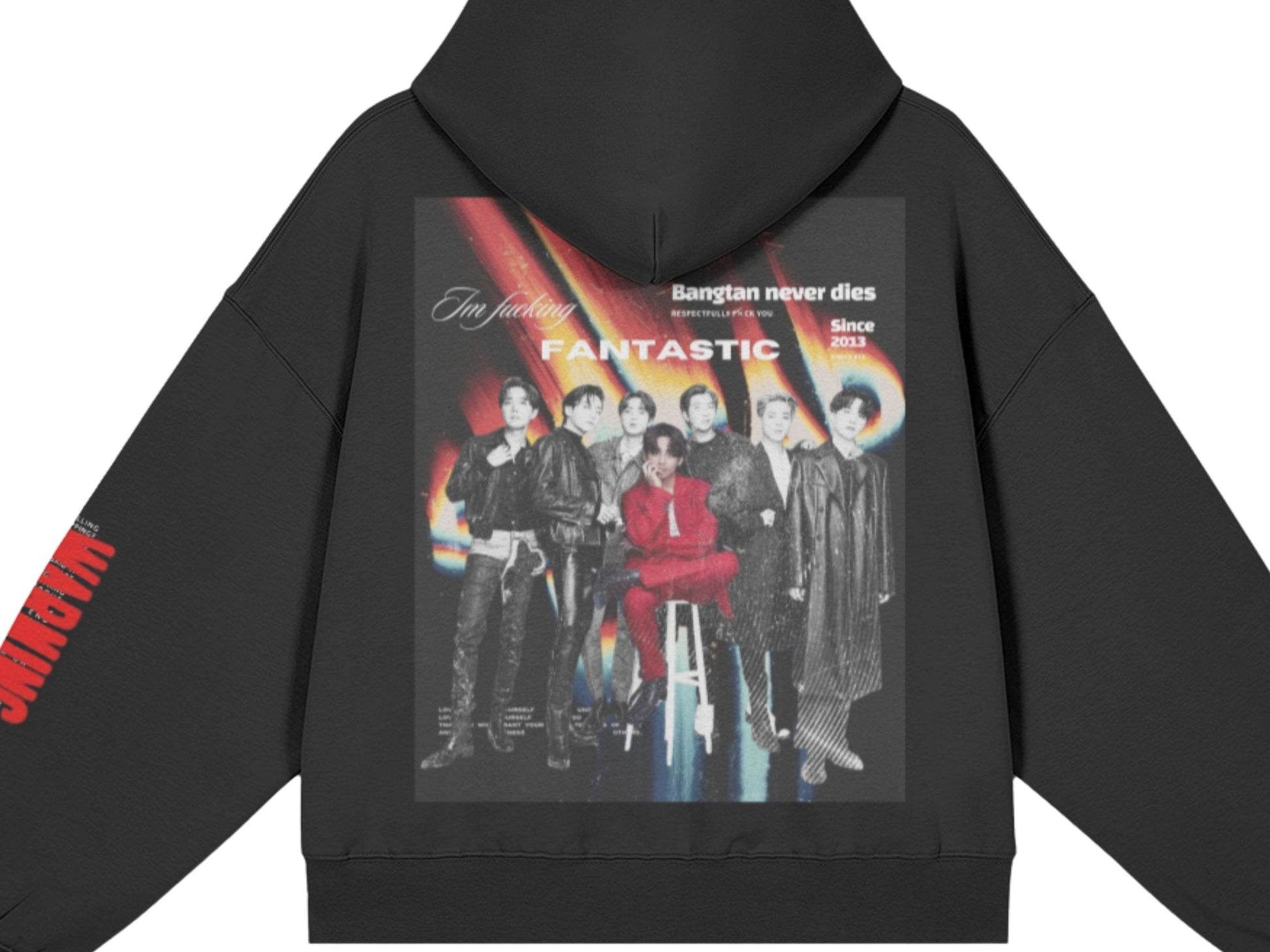 Black jacket with a graphic design on the chest pocket featuring multiple people and text.