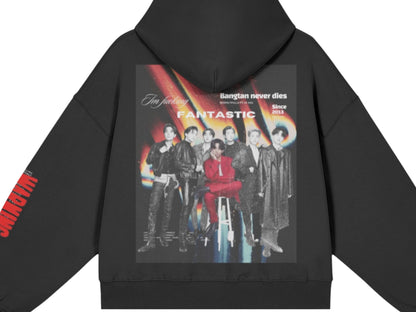 Black jacket with a graphic design on the chest pocket featuring multiple people and text.