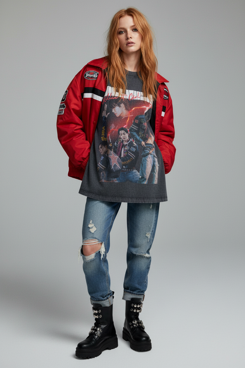 Black t-shirt with graphic design and text on a white background